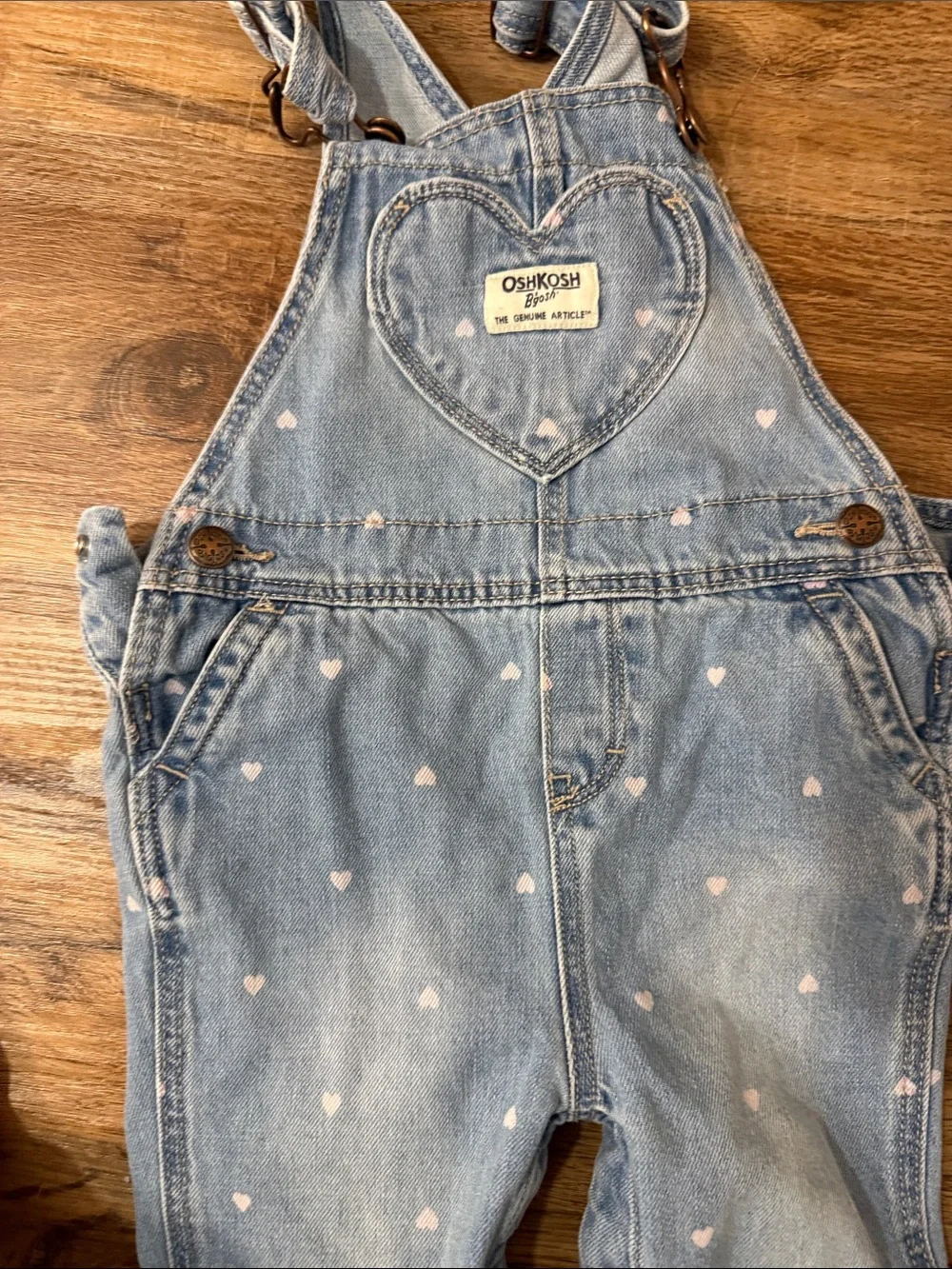 OshKosh B'gosh Girls Light Blue Denim Overalls with White Heart Print 18m